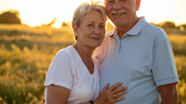 Happy senior couple embracing outdoors at sunset. They smile warmly at the camera, showcasing love, companionship, and a joyful retirement lifestyle.