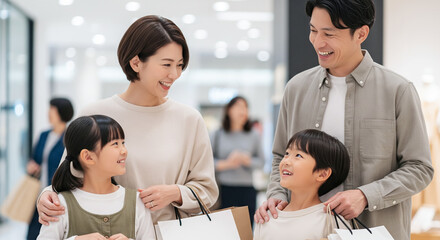 ショッピングモールで買い物をする親子
