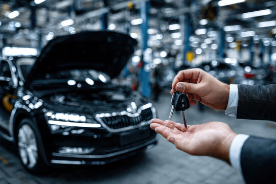 Man in suit handing car keys to customer in modern automotive service center