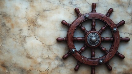 Wooden ship steering wheel mounted on a weathered cracked wall conveying a vintage nautical theme and craftsmanship