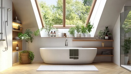 Bright modern bathroom with a large white freestanding bathtub under a slanted glass roof window surrounded by green potted plants and wooden shelves with toiletries
