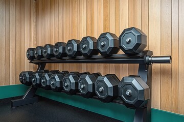 Rack of black hexagonal dumbbells neatly arranged on two-tiered metal stand against wood panel wall in gym