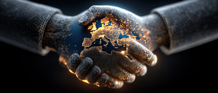 Business partners shaking hands with transparent globe and financial data over cityscape