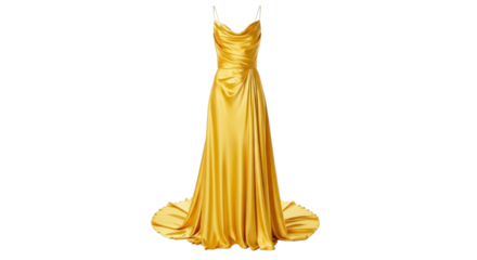 Elegant yellow satin evening gown dress isolated PNG with Transparent Background