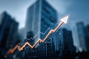 Upward popular on platforms stock market graph with white arrow and city skyscrapers background