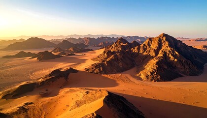Aerial view of a desert mountain range at sunrise. Vast landscape of sand and rock