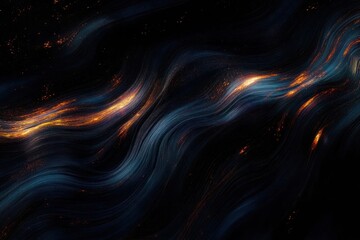 Flowing dark blue and black waves with glowing orange highlights creating an abstract, dynamic, and fiery visual effect
