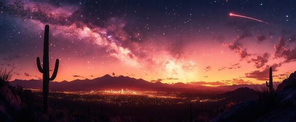 Starry night sky over desert landscape with tall cacti overlooking a brightly lit city at sunset with mountains on the horizon and a glowing shooting star