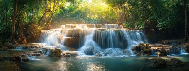 Multi-tiered waterfall cascading through lush green forest under warm, golden sunlight creating a serene and peaceful atmosphere