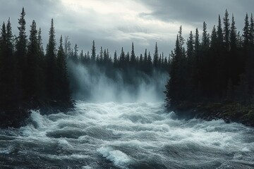Powerful rushing river flowing through dense dark evergreen forest under a cloudy sky with mist rising from the turbulent water