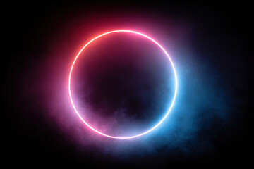 Softly glowing thin neon ring floating in dark void with futuristic minimal design