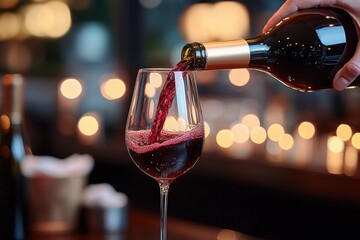 Close-up of red wine being poured from a bottle into a clear wine glass with warm bokeh and candlelight in the background creating a cozy atmosphere