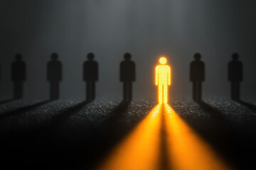 Spotlight on a bright figure icon standing out among muted crowd symbols