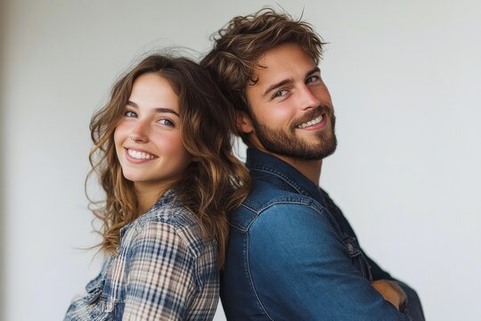 smiling young man and woman leaning back to back with casual attire against plain background expressing happiness and confidence
