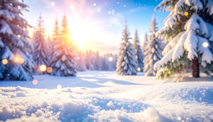 Fototapeta premium A bright winter scene shows snow-covered fir trees under a brilliant sky, with blurred bokeh effect