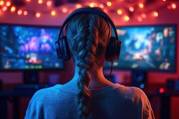 Person with braided hair wearing headphones playing a video game on dual monitors with colorful lights in a dimly lit room