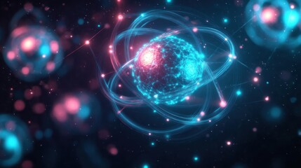 Glowing digital representation of atomic structure with orbiting particles and interconnected network lines in blue and pink hues against dark background