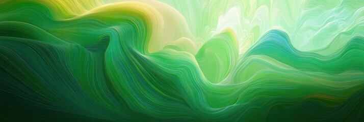 Abstract flowing green waves with smooth, layered textures and light accents creating a sense of depth and fluidity