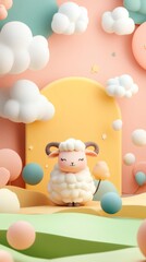 Eid Al Adha Background Featuring Cute Sheep in Colorful 3D Landscape, suitable for greeting card or social media poster