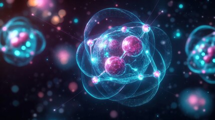 Digital visualization of atomic structures with glowing particles and orbiting paths representing subatomic components in a dark, futuristic environment