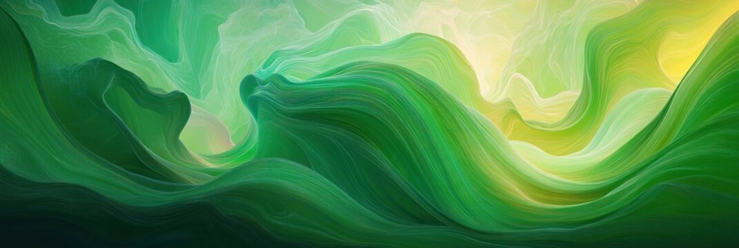 Abstract swirling green waves with hints of yellow and light tones creating an organic, flowing, and tranquil landscape-like impression