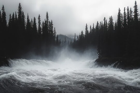 Powerful turbulent river flowing through dense dark evergreen forest under misty overcast sky creating a dramatic and moody atmosphere - Powered by Adobe