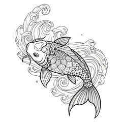 Elegant koi fish illustration swimming through stylized waves captivating drawing art line