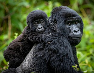A mountain gorilla mother carries her infant on her back amidst lush green foliage