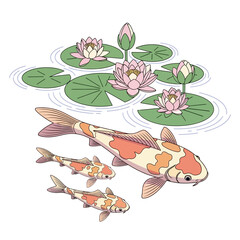 Elegant koi fish swimming beneath serene water lilies illustration with soft pastel hues and