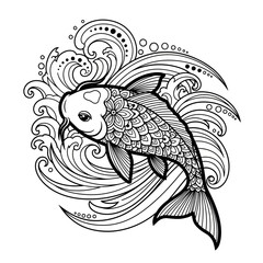 Elegant koi fish illustration with intricate wave patterns symbolizes perseverance success
