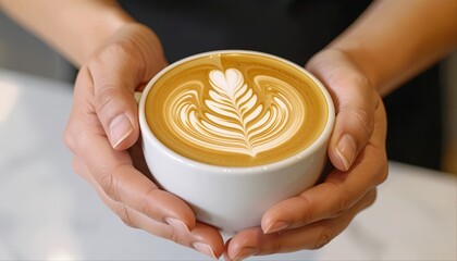 Crafted Perfection: A Barista's Hands Holding a Mug with Intricate Latte Art

