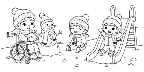 Cozy Winter Outfits Coloring Page with Snow Play