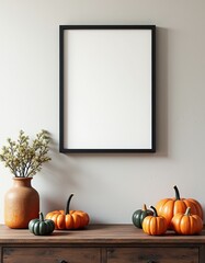 Dark wood shelf with empty black frame hangs above autumn decor on Thanksgiving table border background  spooky illustration decoration