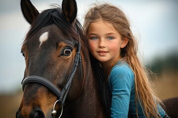 Young girl with long blonde hair gently hugging a dark brown horse outdoors with a calm and happy expression