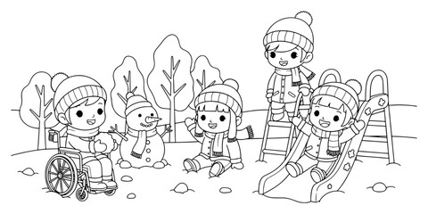 Fototapeta premium Whimsical Inclusive Coloring Page of Children in Snow