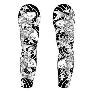 Detailed Black and White Koi Fish Sleeve Tattoo Designs Illustration for Body Art Ideas