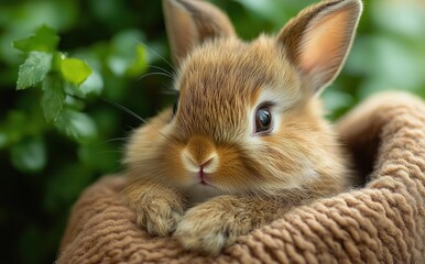 Close-up of a fluffy brown baby rabbit resting on a knitted blanket with greenery in the background, evoking warmth and calmness
