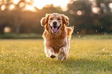 happy golden retriever dog running energetically on green grass during golden hour with blurred nature background