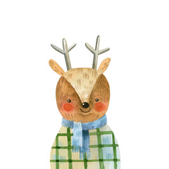 Cute Watercolor Deer in Green Scarf. Winter Holiday Animal Illustration