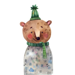 Cute Watercolor Bear in Green Hat and Scarf. Christmas Animal Character Illustration