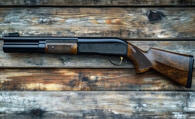 Close-up of a detailed shotgun with wooden stock and engraved metal placed on rustic wooden surface
