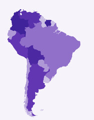 Map of South America with countries. Just a simple continent border map with country division. Deep purple color palette. Plain South America shape with administrative division. Vector illustration.