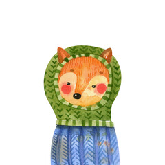 Cute Watercolor Fox in Green Hood. Winter Holiday Animal Illustration