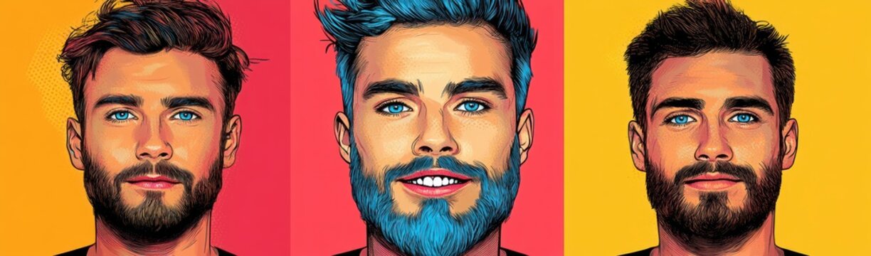 Three digitally illustrated male portraits with different hair and beard styles in vibrant colored backgrounds showing confident and friendly expressions