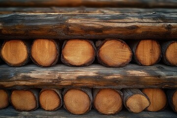 Close-up view of stacked cut wooden logs with visible tree rings and rough bark texture showing natural warm tones and patterns
