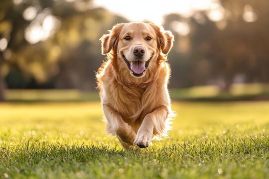 Happy golden retriever running towards the camera on green grass with blurred trees and warm sunlight in the background