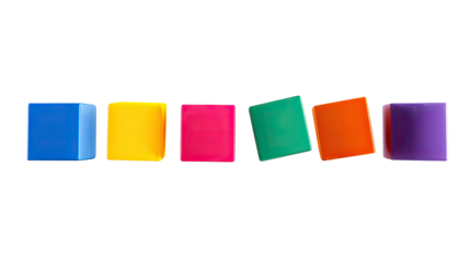 Six colorful, square, slightly angled, shapes arranged horizontally against a transparent background