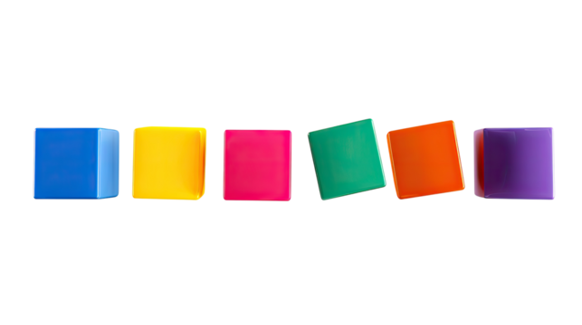 Six colorful, square, slightly angled, shapes arranged horizontally against a transparent background