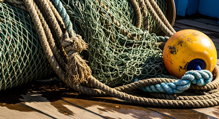 Rustic Fishing Net with Yellow Float and Nautical Ropes on Weathered Wood