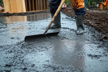 Construction worker smoothing out wet concrete on building site wearing rubber boots and reflective clothing